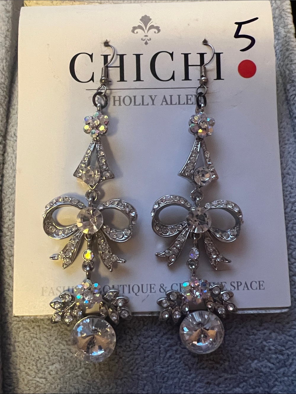 CHICHI Holly Allen Silver Crystal Bow Drop Earrings - Clear
